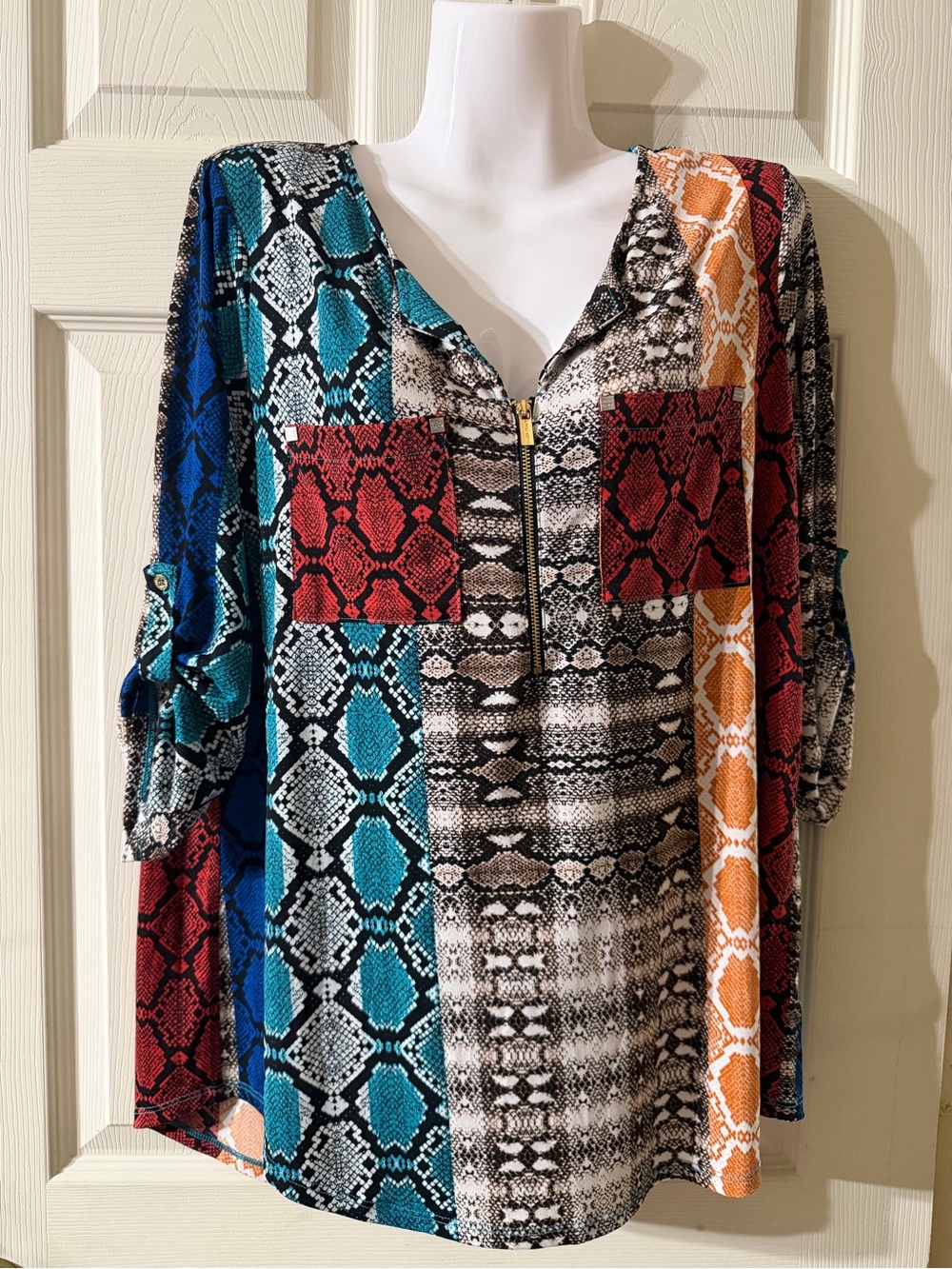 Multi-Color Snake Print Zip-Front Tunic Top